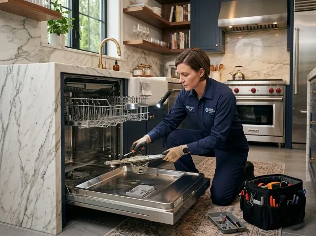 Appliance Repair Hero technician servicing a built-in dishwasher in a Andover, NH kitchen
