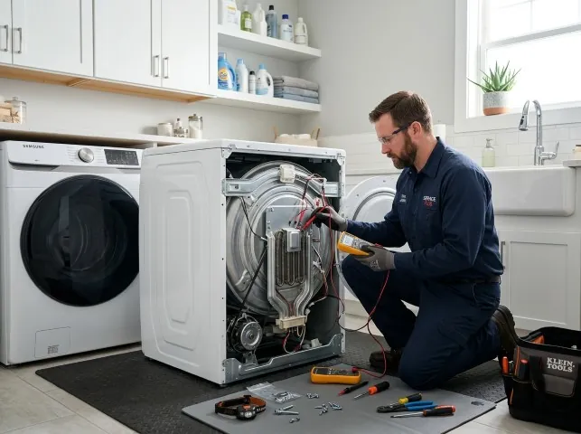 Appliance Repair Hero technician checking a dryer heating element with the rear panel off in Andover, NH