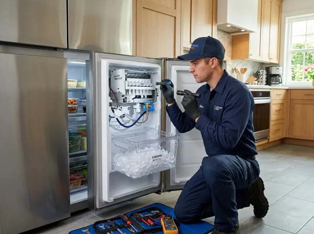Appliance Repair Hero technician repairing a refrigerator ice maker in Andover, NH