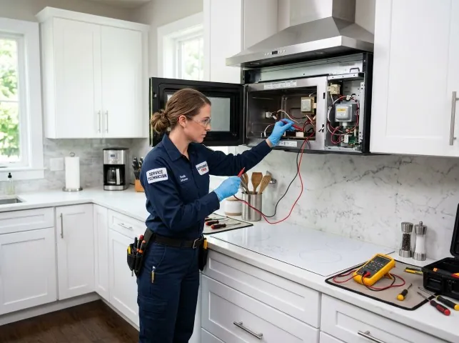Appliance Repair Hero technician testing an over-the-range microwave in a Andover, NH kitchen