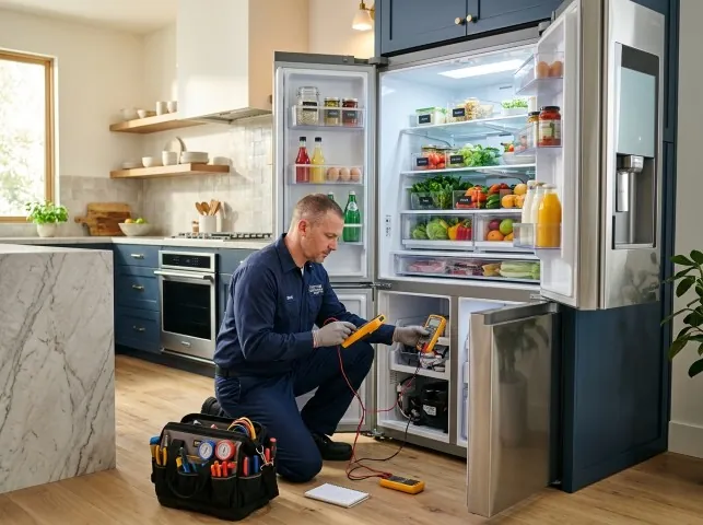 Appliance Repair Hero refrigerator technician testing a fridge on a Andover, NH service call