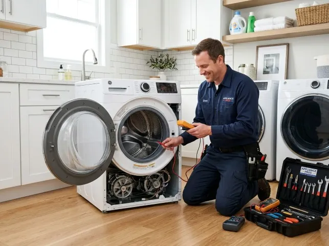 Appliance Repair Hero technician testing a front-load washer with a multimeter on a Andover, NH service call